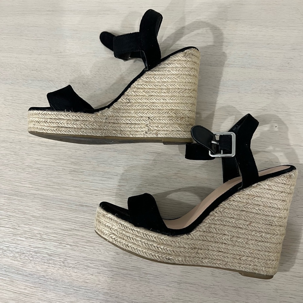 Black suede strap espadrille wedge sandals, worn only a few times, size 6.5
